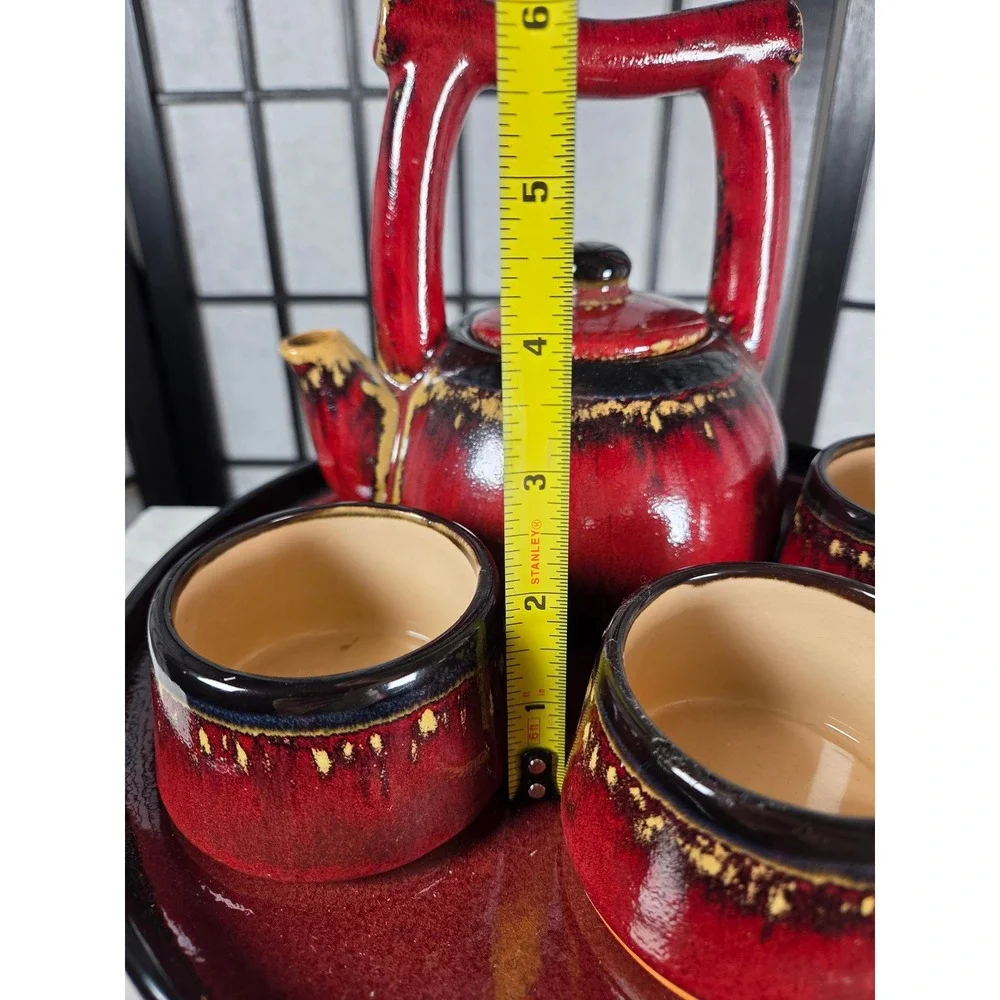 Pier 1 Shanghai Tea Set Red Black Reactive Glaze Earthenware 5 Piece Set